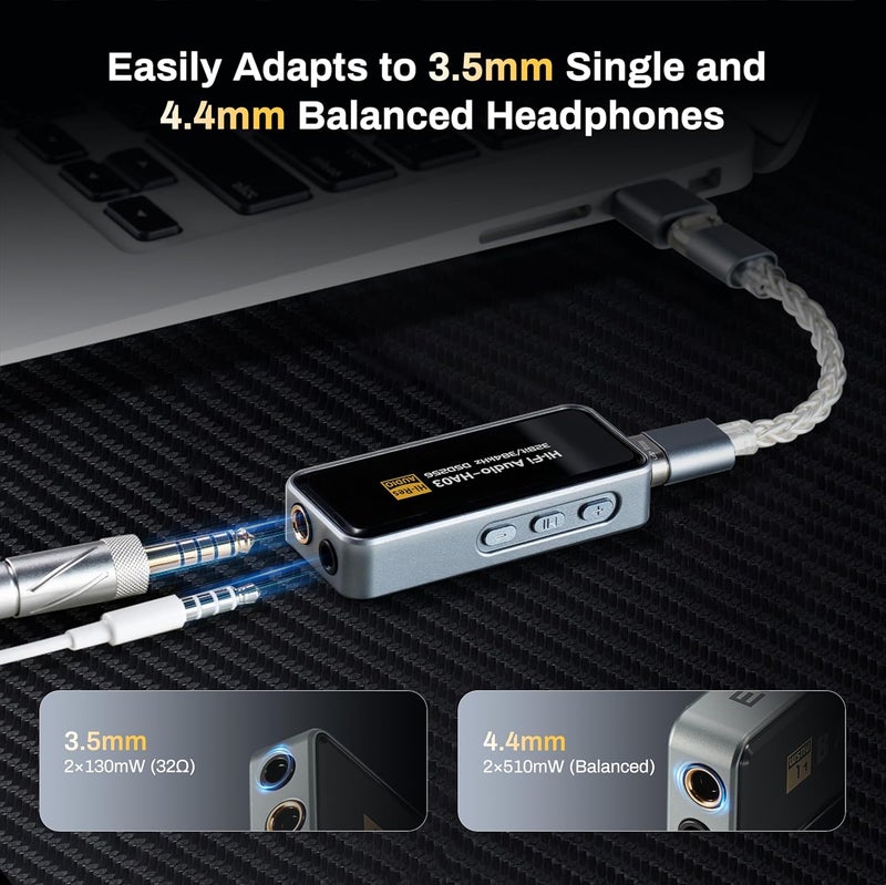 EYTSE مضخم صوت سماعات USB C DAC محمول، HiFi 32Bit/384kHz DSD256 ثنائي CS43131، ميني DAC أمب، موصل 3.5mm/4.4mm، محول صوت للهواتف/الكمبيوترات/اللاب توب/الأجهزة اللوحية، فضي - Image 4